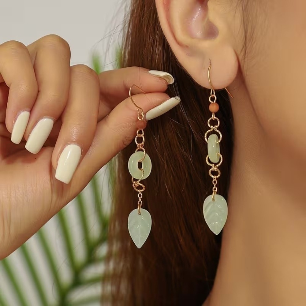 Gold Green Faux Jade Leaf Drop Earrings Boho Dangle Fishhook Nature Jewelry